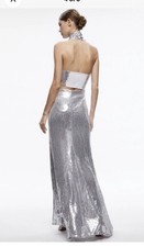Alice + Olivia May Sequin Halter Maxi Gown Silver NWT Size 2