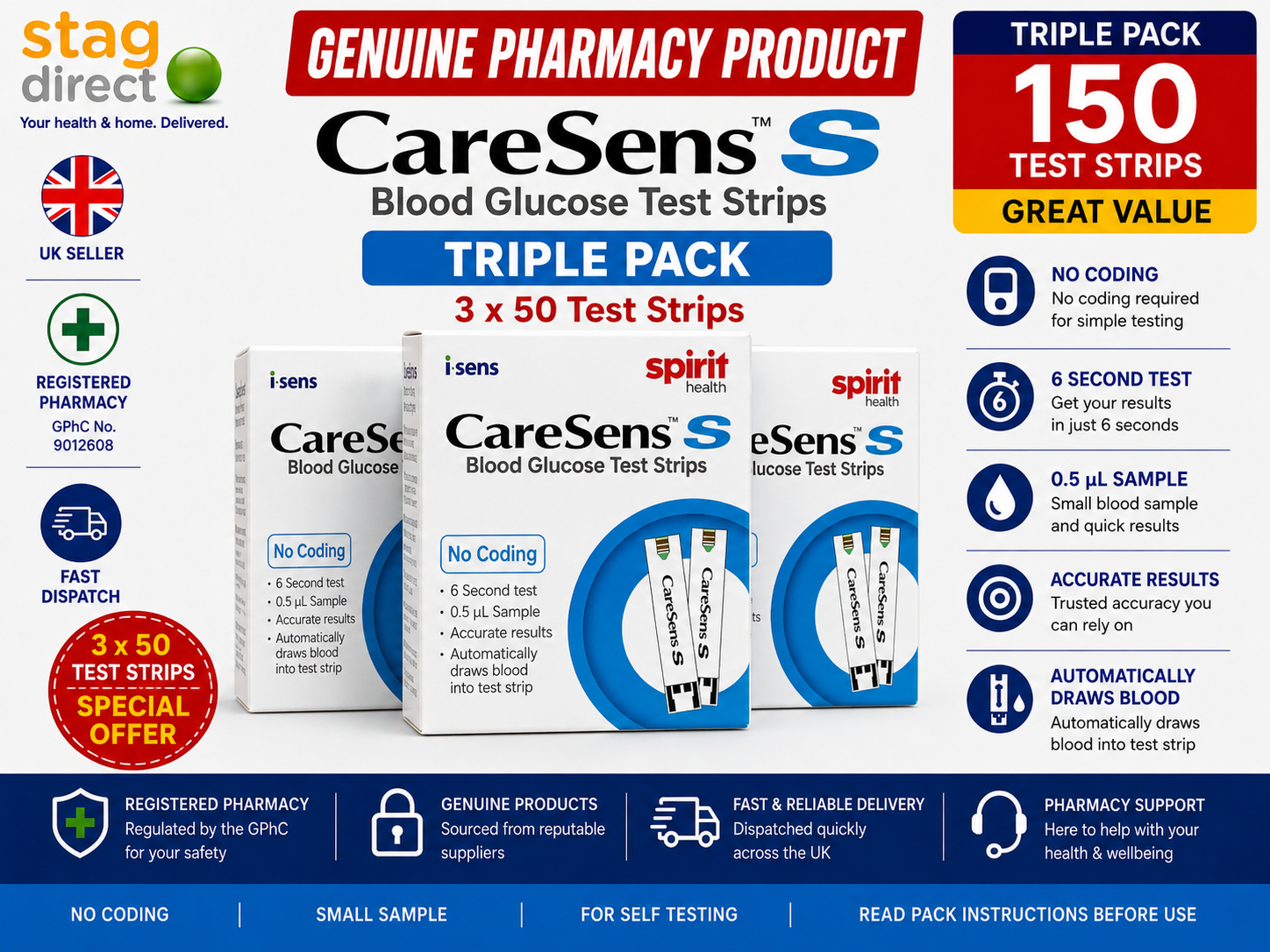 3x CareSens S Blood Glucose Test Strips - 50 Count Each (150 Total) EXP 12/2027