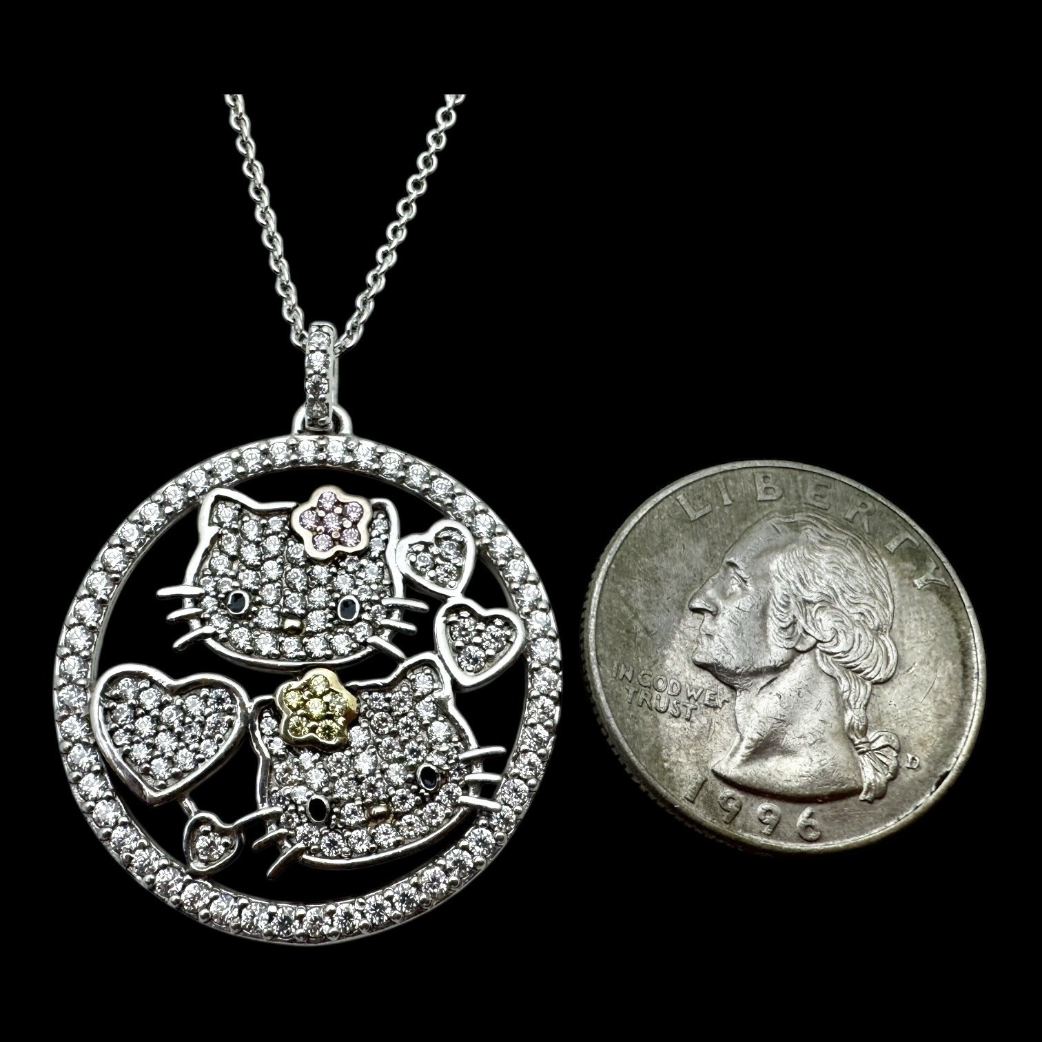 Sanrio Diamonique Hello Kitty and Mimi Sterling Silver  pendant necklace 18in