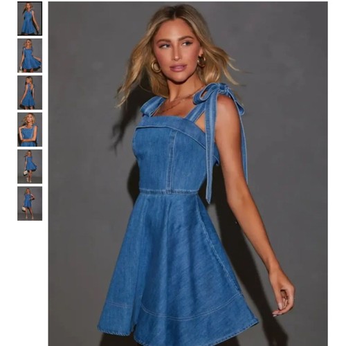 NIB- SZ S/M Fun & Flirty Denim Dress Jean Dress Self Tie Shoulders ZipUp Back - Picture 4 of 6