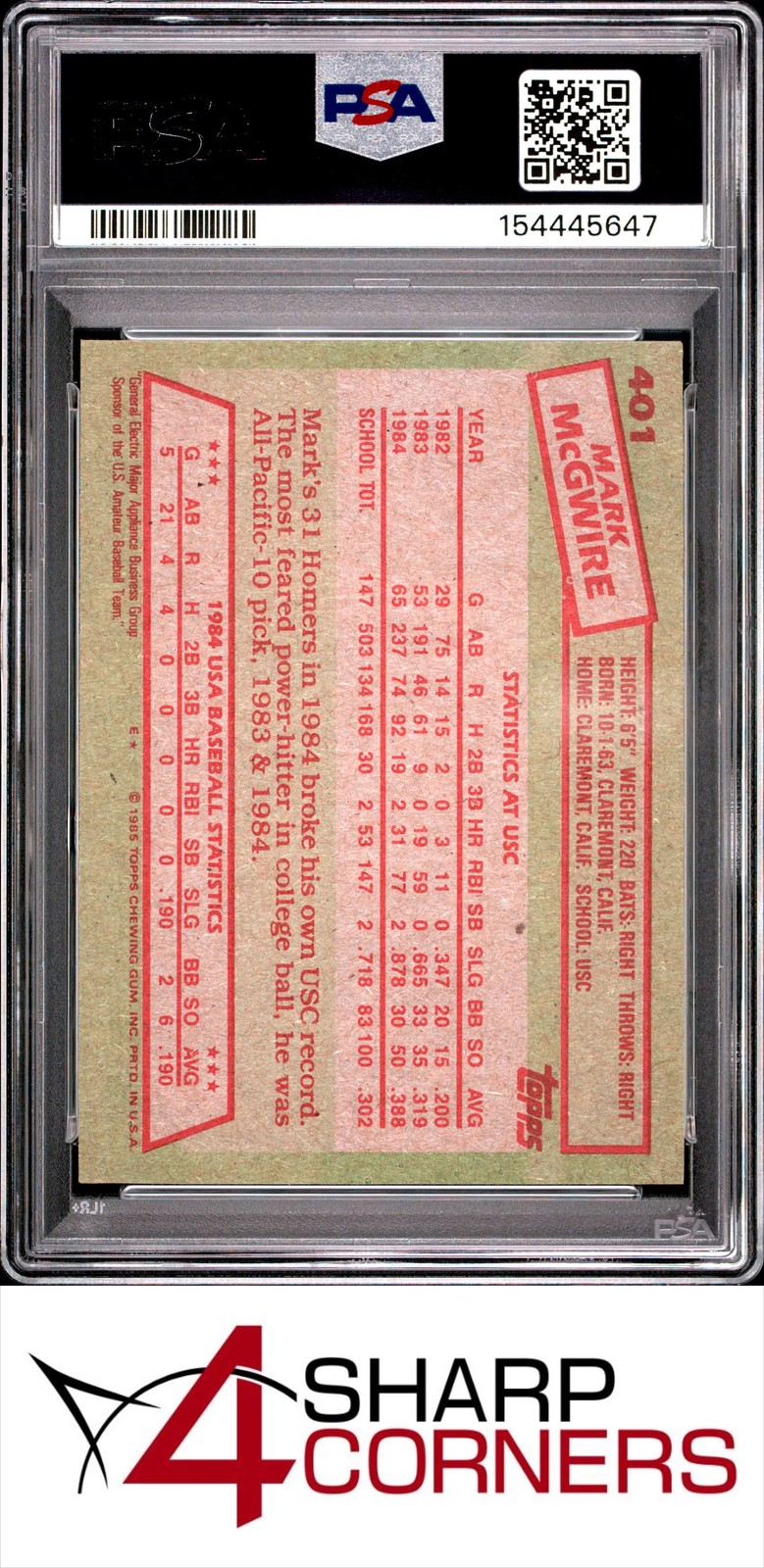 1985 TOPPS 1984 USA BASEBALL TEAM #401 MARK McGWIRE RC PSA 9 view 2