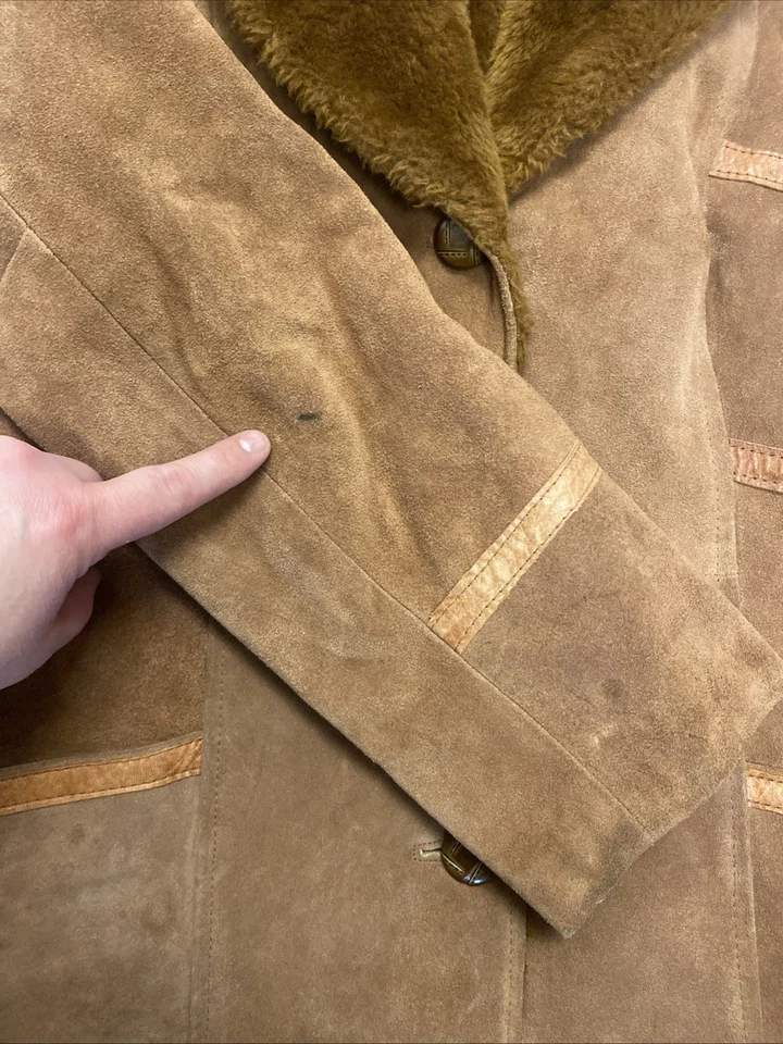Abrigo Chaqueta de Cuero Ms Pioneer Años 70 Cuello de Piel Sintética Boho Hippie Western L/XL Foto 4 de 4