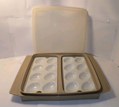 Vintage Tupperware Deviled Egg Keeper Tan/Almond Base with Sheer Lid (723 722)