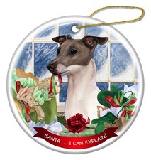 Italian Greyhound Blue and White Dog Porcelain Ornament 'Santa.. I Can Explain 