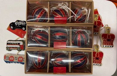 Set of 15 Union Jack GLASS CHRISTMAS TREE ORNAMENTS & BEADED BUS, CROWN ORNAMENT