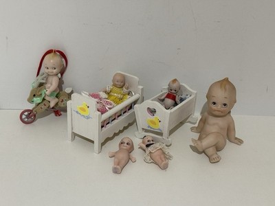 Collection Of Vintage Bisque Miniature Kewpie Dolls, Wood Beds
