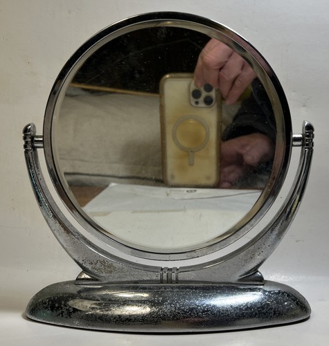 Vintage 1920-30 Machine Age Beveled Vanity Mirror Art Deco Chrome Finish 2 Sided