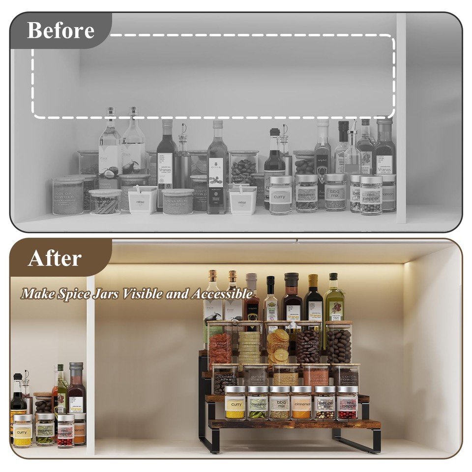 Spice Rack Organizer for Cabinet, 4 Tier Wooden Display Riser Stand ...