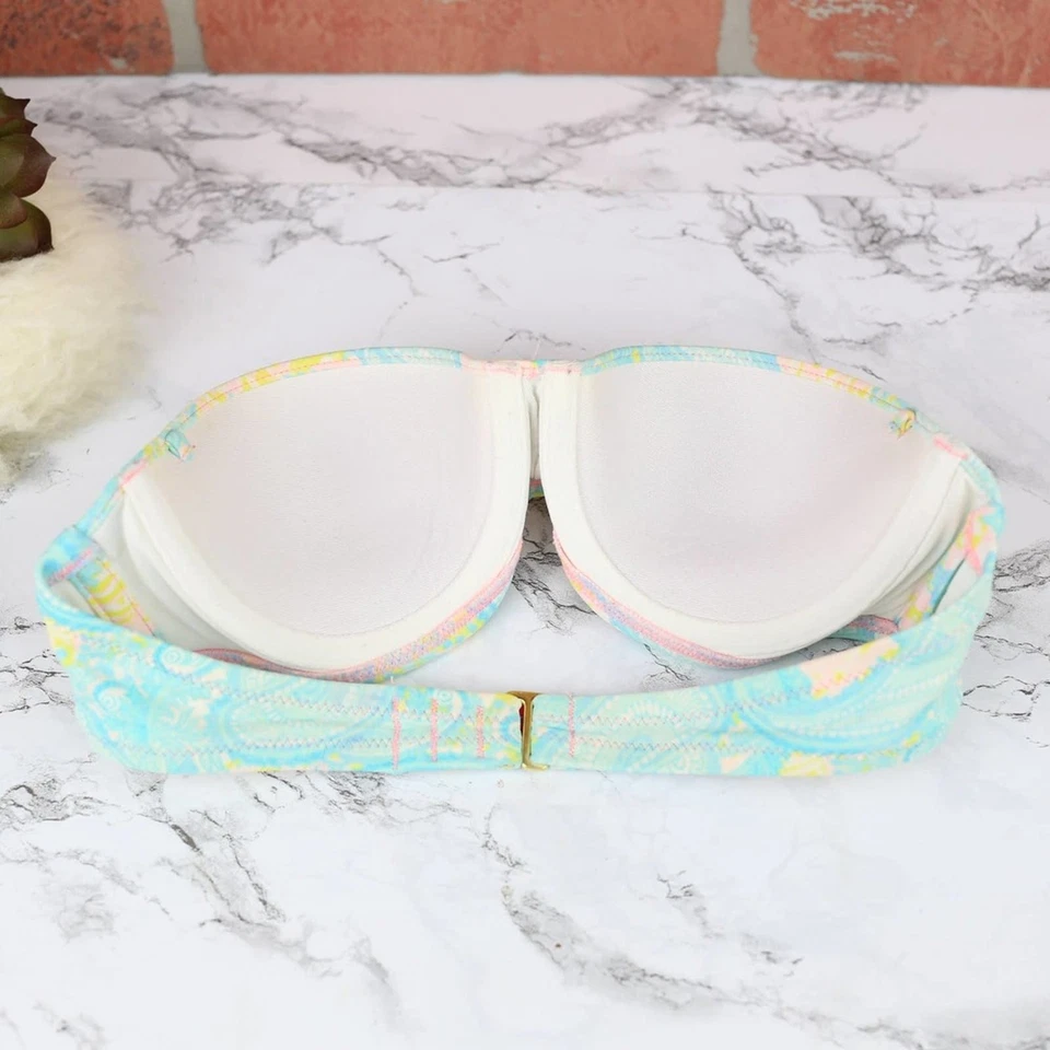 Top de natación Victoria's Secret azul verdoso amarillo cachemir acolchado con aros bandeau 32B Foto 3 de 4