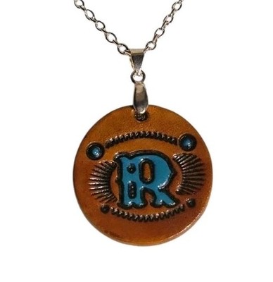 Handcrafted Genuine Leather Tooled Monogram Inital R Necklace