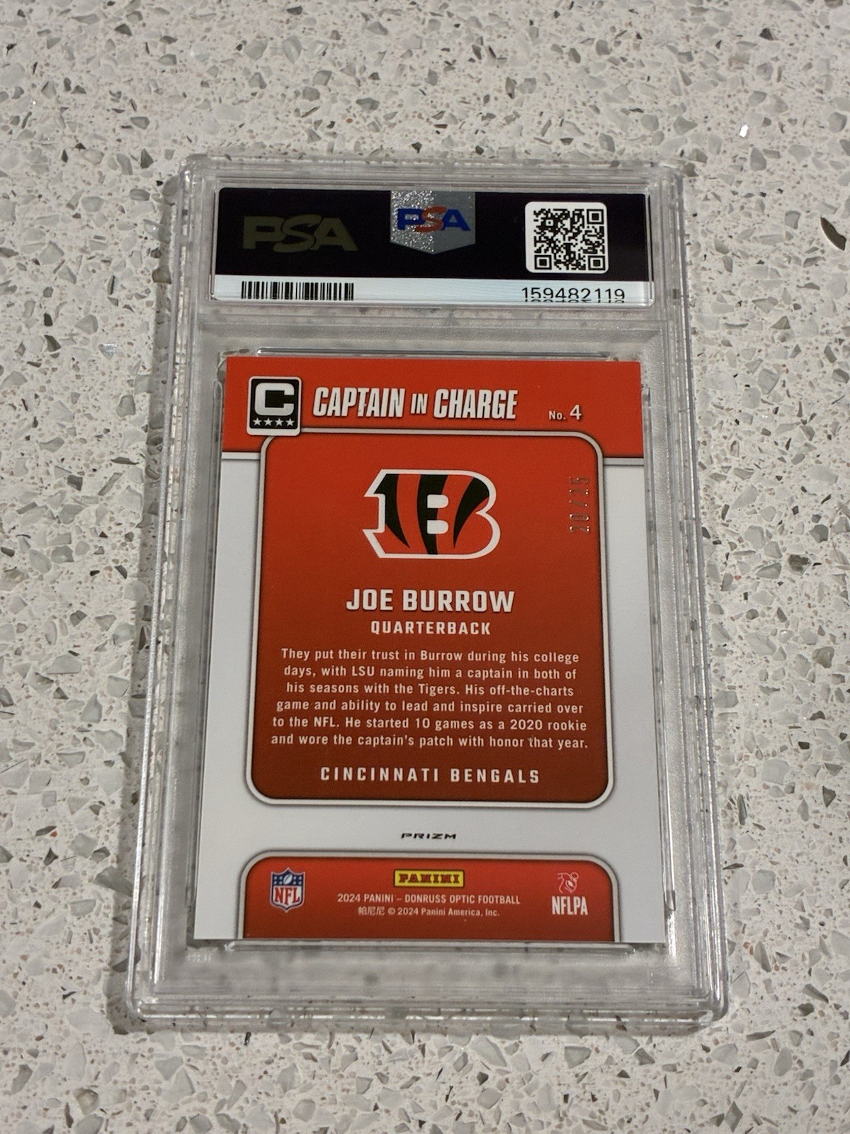 2024 Panini Donruss Optic Captain in Charge Purple Stars /25 Joe Burrow #4 PSA 9 view 2