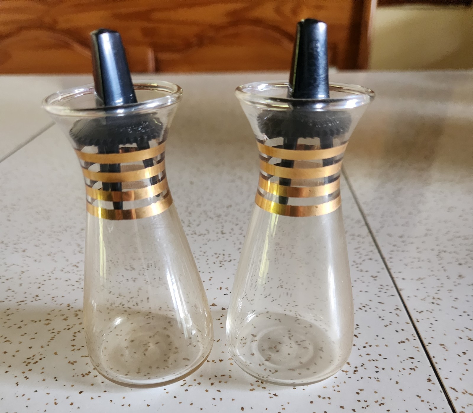 Vintage Pyrex MCM Gold Band Salt & Pepper Shakers