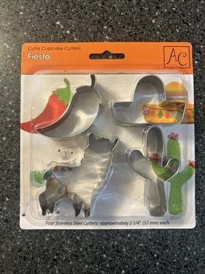 4 Fiesta Cupcake Cookie Cutters Stainless Steel*Cacti*Llama*ChiliPepper*Sombrero