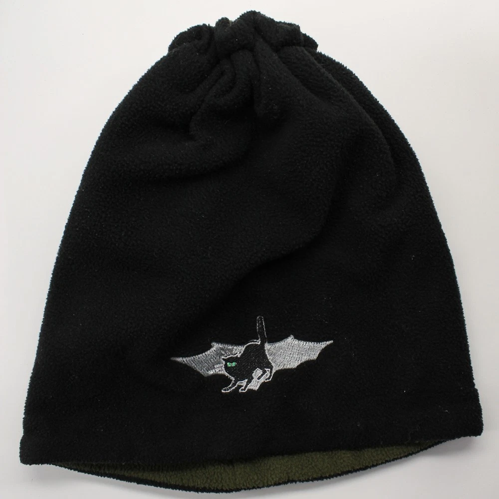 Vintage pull top fleece winter cap black green cat bat embroidery