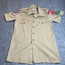 Vintage Boy Scouts of America Tan Short Sleeve Uniform Shirt Patches Mens Medium