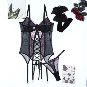 Lingerie Three Piece Set with Garter Straps Sexy Corset Bustier for Women
