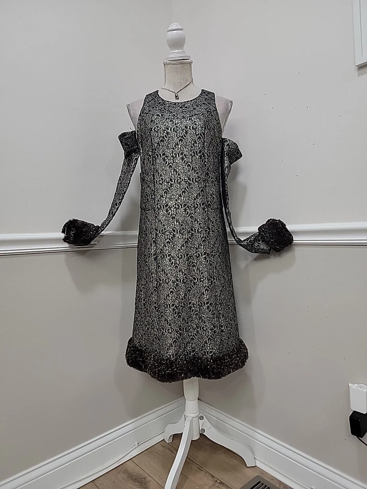 Vestido Chanel 05A Jacquard Metálico con Ribete de Piel y Mangas Desmontables/Deslizamiento 40 Foto 3 de 4