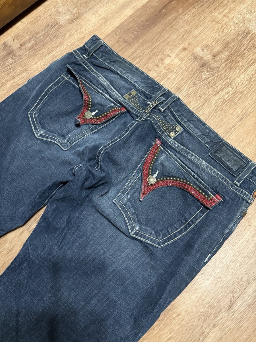 Robins Jeans Size 42 Embellished Studded Long Flap Dark Wash Red