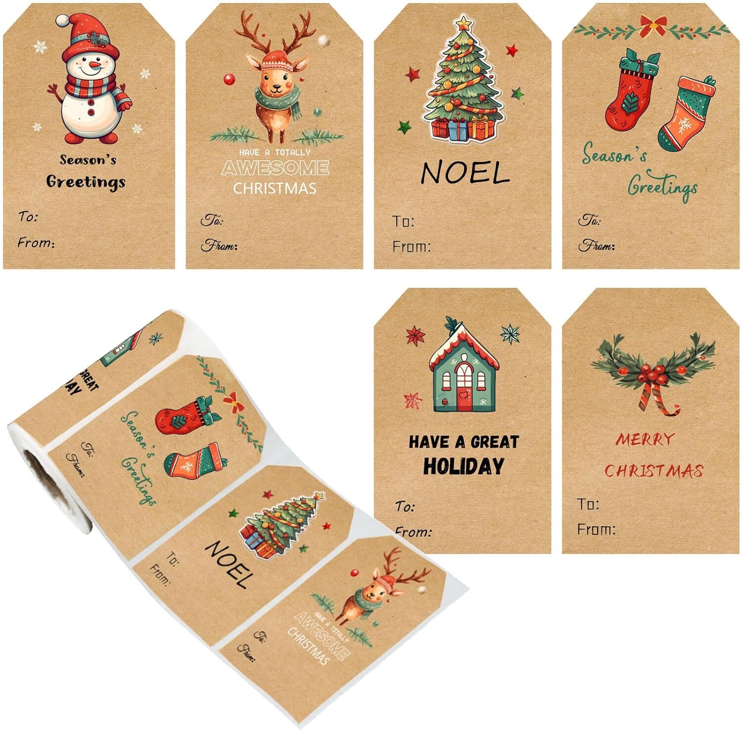 Christmas Gift Tags Stickers,Self Adhesive 2 * 3 inch, Deep Kraft