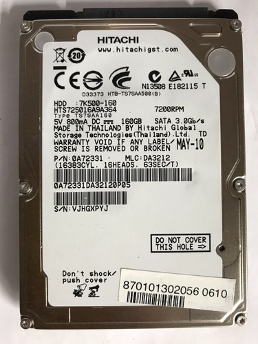 160 GB SATA NOTEBOOK FESTPLATTE HITACHI  HTS725016A9A364 2,5'' ZOLL #NFP628