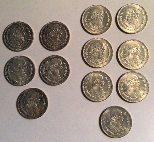 1958 And 1966 Mexico Silver Un Peso Lot Of 12 Uncirculated Mexico Silver Coins