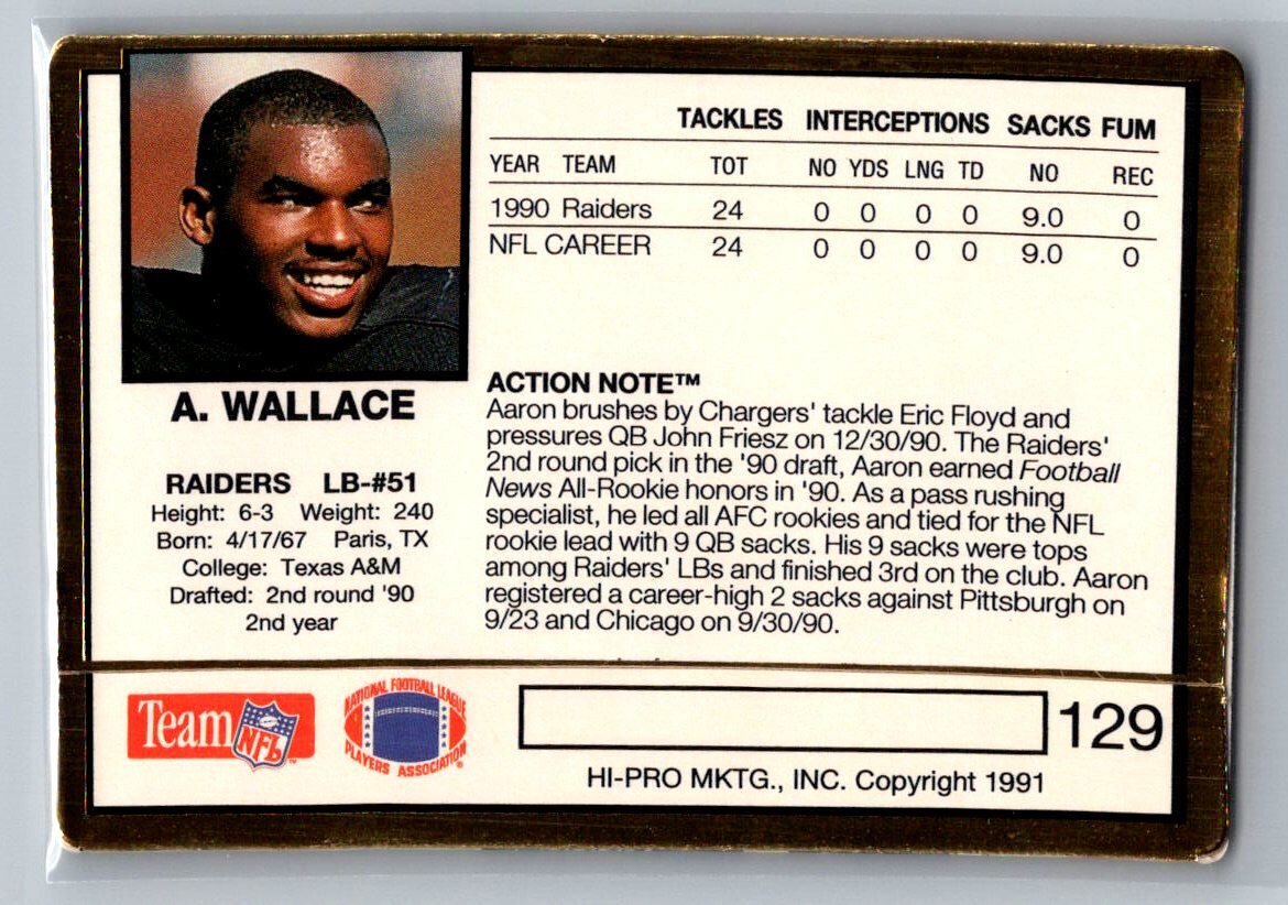 1991 Action Packed #129 Aaron Wallace Los Angeles Raiders Football