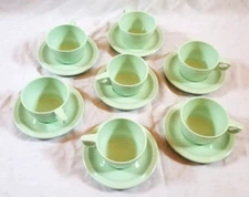 7 pc Set of Texas Ware Melmac Melamine #100 Light Green Cup & Saucer Tea Set