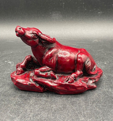 Water Buffalo Ox Asian Lucky  Zodiac Figure Vintage Red Carved Original