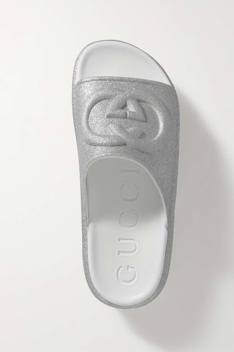【GUCCI 】Miami GG Glitter Rubber Slide Slippers SILVER NEW GUCCI MIAMI GLITTER INTERLOCKING G PLATFORM SLIDES