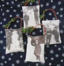 Primitive Snowman Black & White Vintage photos, Set of 4 Peg Hangers, Ornies etc