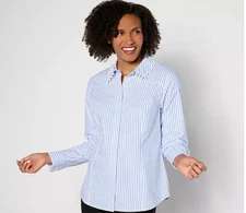 BEAUTIFUL by Lawrence Zarian Shirt Womens Medium Blue Stripe Pearl Button Top