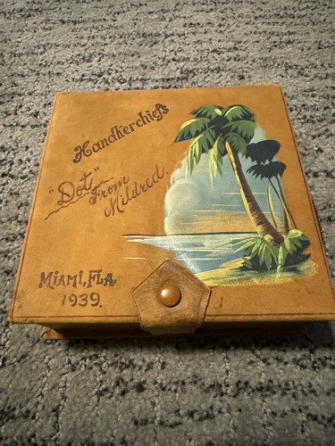 Rare Antique Handkerchief Box Miami Florida 1939 with 10 Hankies/Scarf - Picture 11 of 12