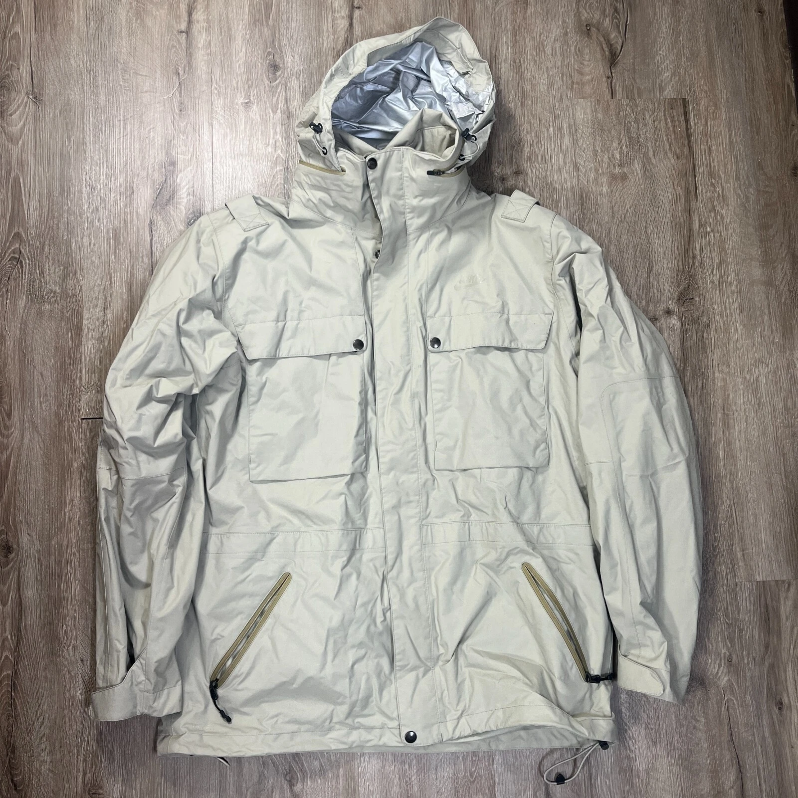 Nike Sportswear Men's Rain Jacket Fit Storm Utility Large Beige Tan Hooded