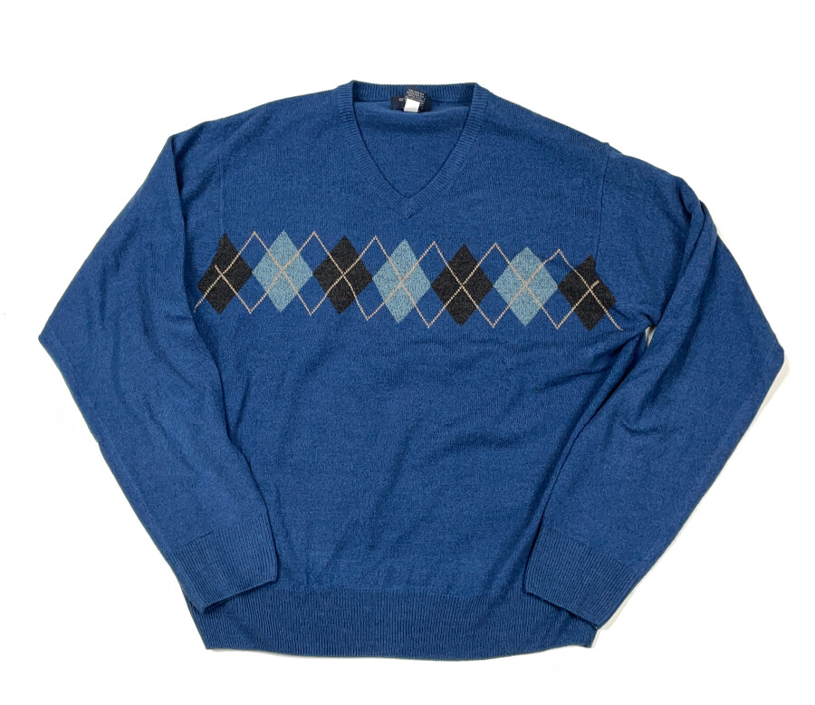 Dad Style Blue Argyle Diamond Pullover V-Neck Sweater Adult Large