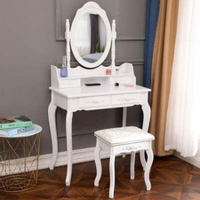 Dressing Vanity Table and Stool Set Wood Makeup Desk with 4 Drawers  Mirror