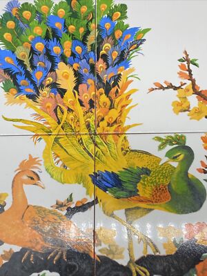 Art Mural Vintage Decor Tiles ~Colorful Peacocks 4 Tiles Made in Vietnam