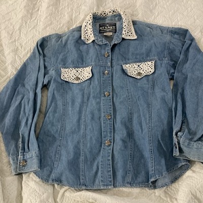 Vintage At Last Woman s Denim Granny Core Button Down Shirt Size L  Floral Doily