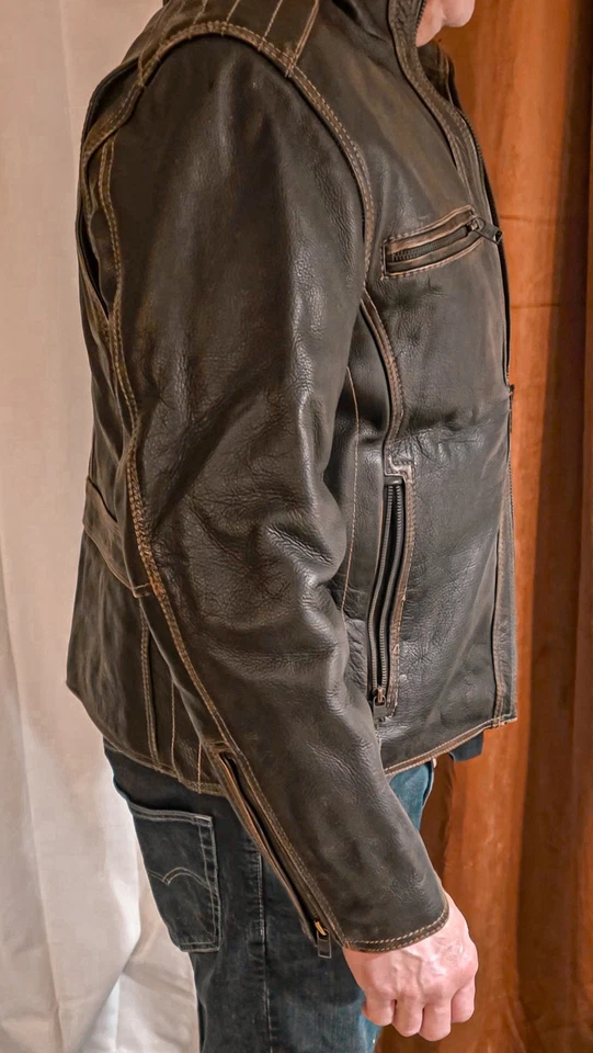 Andrew Marc New York Men's Distressed Leather Jacket Black With Tan Stitch - Image 2 of 4