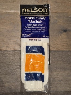 Vtg Nelson Athletic Tiger Claw Tube Socks OVER THE CALF Large Blue Gold Stripe