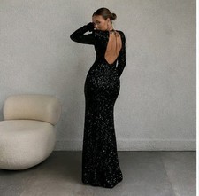 Zara Black Sequin Maxi Dress Women’s S Long Sleeve Round Neck Long