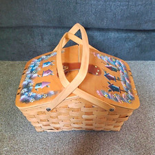 Beige Woven Wood Basket w/ Handle Dual Hinged Lids, Rectangular 2 Comp