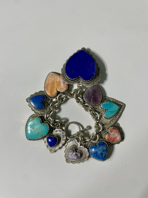 Joan Slifka Charm Bracelet Silver and Gemstones Heart Shape