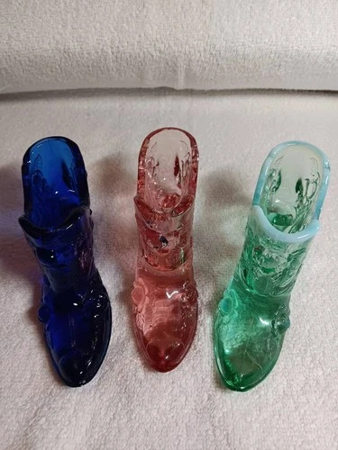 LOT OF 3 VINTAGE MARKED FENTON CABBAGE ROSE GLASS SLIPPERS (GREEN, BLUE & PINK)
