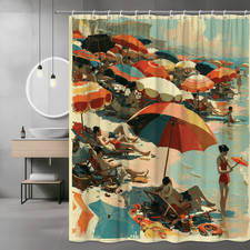 Beach Umbrellas Shower Curtain Coastal Beach Scene Graphic