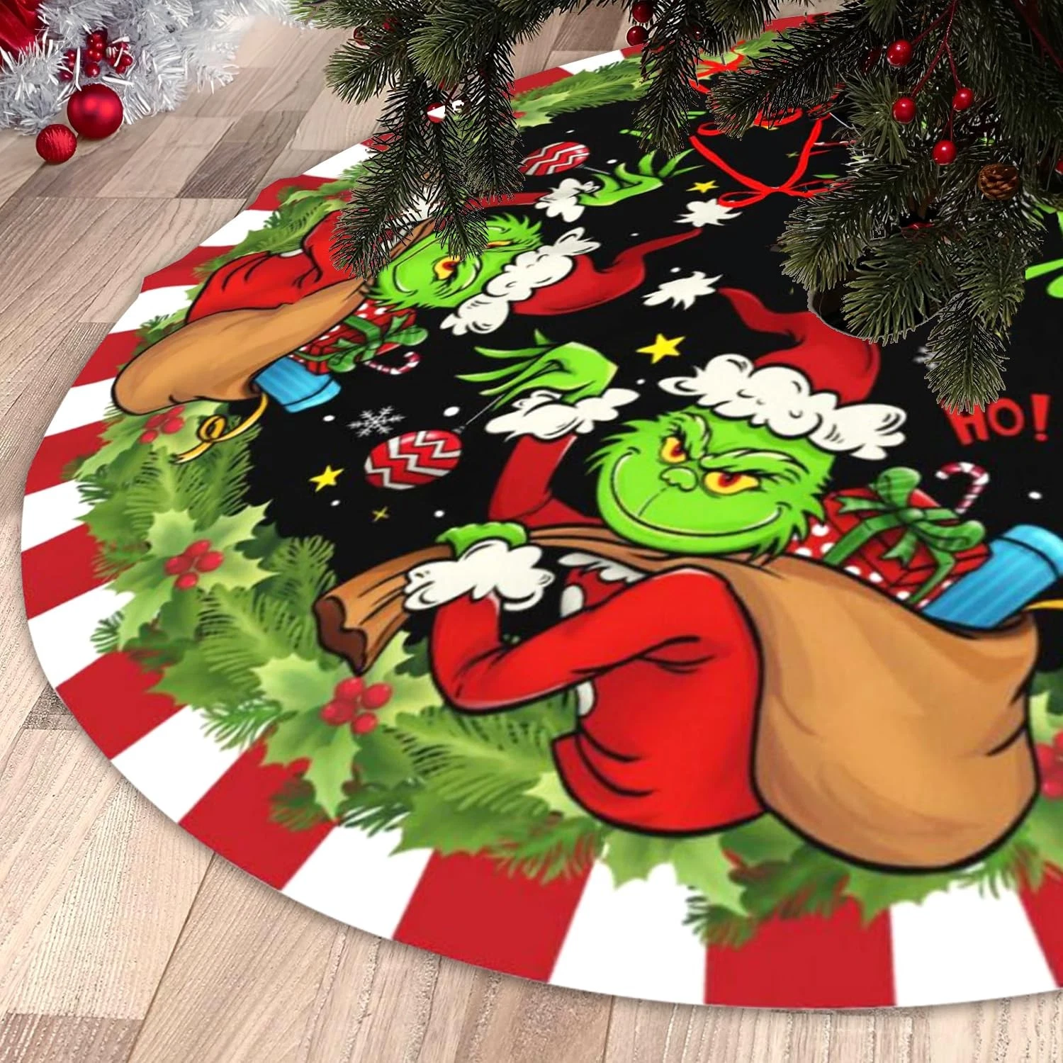 Santa Character Christmas Tree Skirt, Snowflakes Design, Holiday Tree Decor