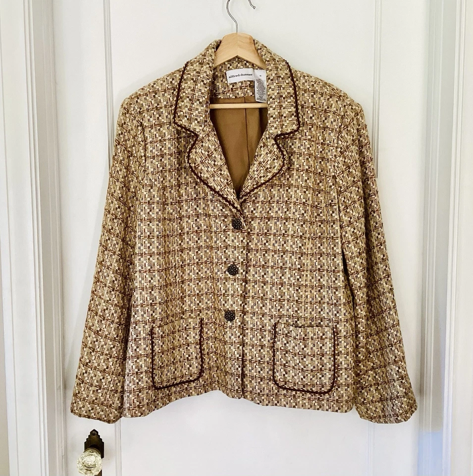 Blazer vintage Alfred Dunner tweed Houndstooth marrom dourado tamanho 18 bolsos - Imagem 2 de 4