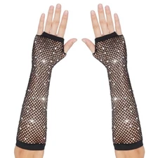 Lusofie Fishnet Gloves Fingerless With Rhinestone Long Fingerless Mesh Black