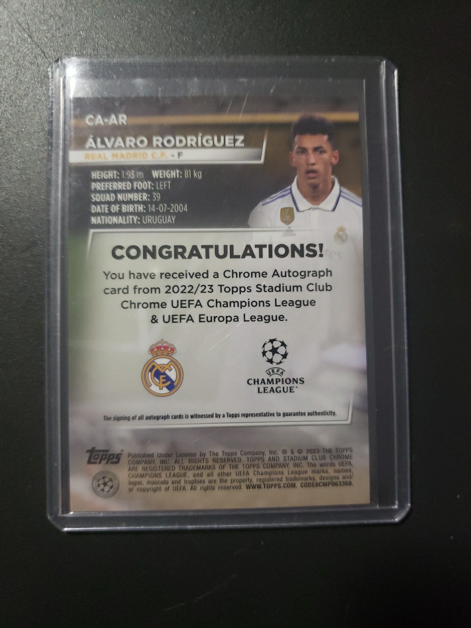 Alvaro Rodriguez Auto Topps 2022-23 Stadium Chrome RC Real Madrid #CA-AR RC view 2
