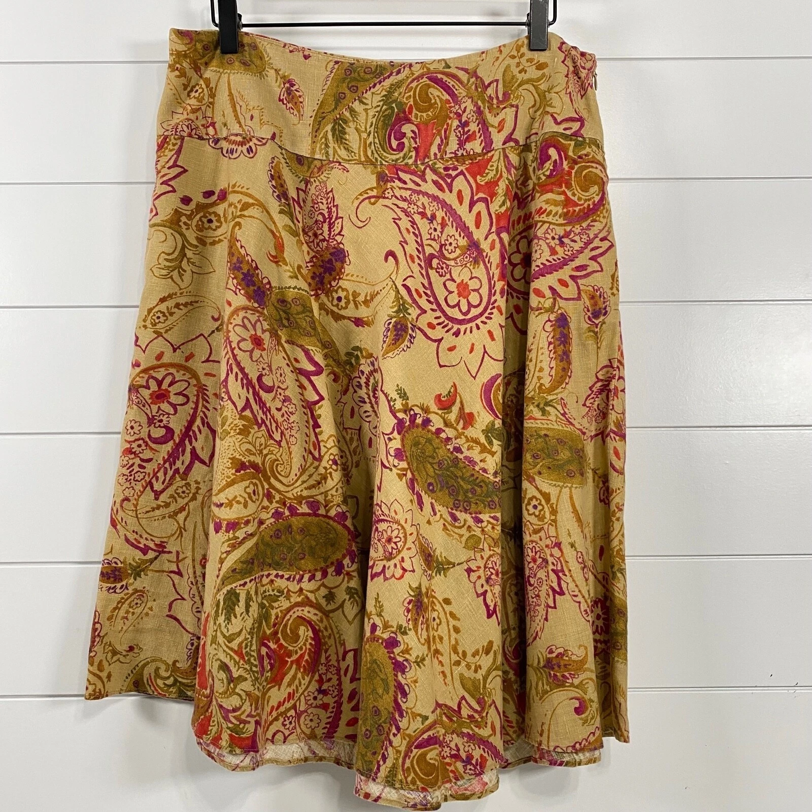 Lauren Ralph Lauren Womens 100% Linen Paisley Midi Skirt sz 10 Tan Boho Whimsy