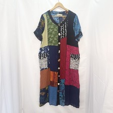 La Cera Patchwork Colorful Maxi Shirt Dress L Boho Artsy Novelty Buttons Hippie